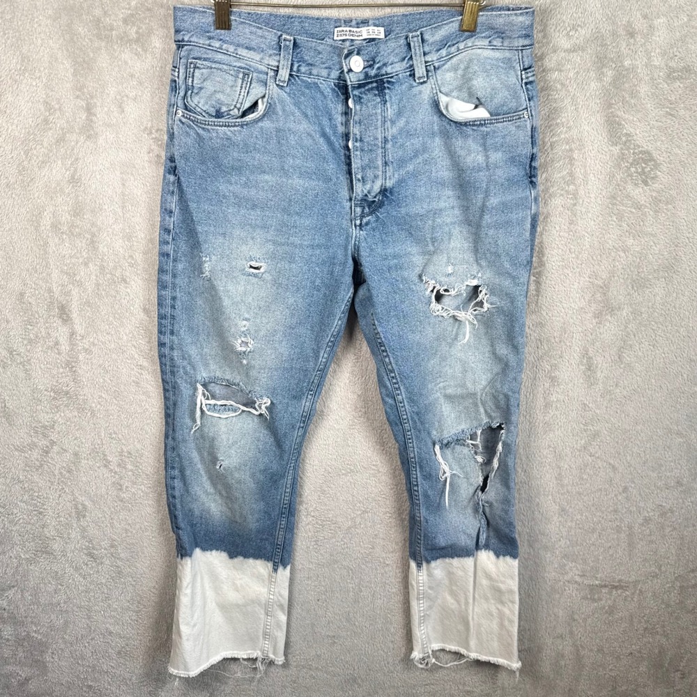 Zara Jeans Women 6 Blue Distressed Dip Dye Raw Hem Denim Button Fly Basic Casual